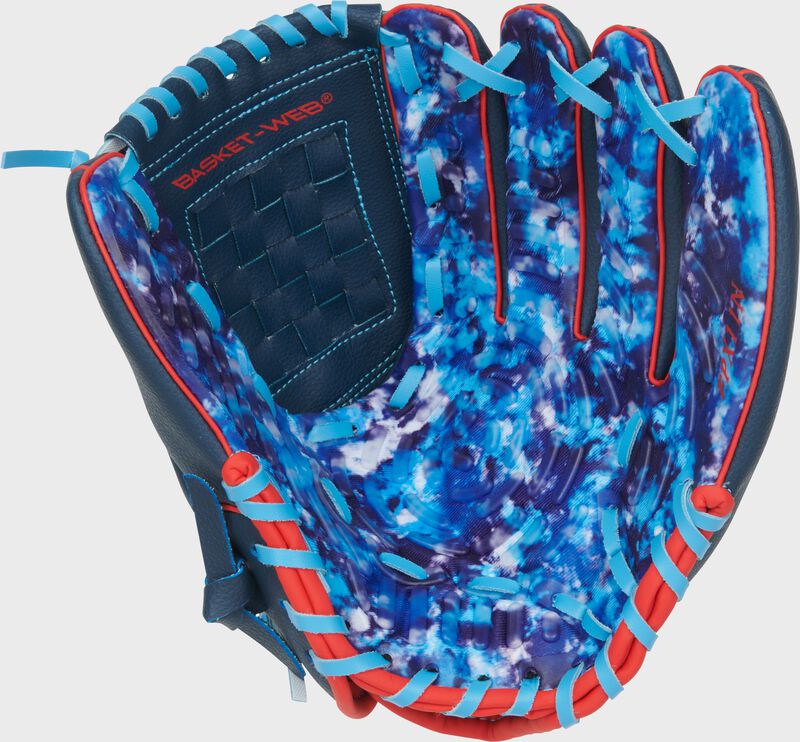 Blue tie-dye palm of a Rawlings Flex Palm Series 11-Inch Youth Baseball Glove with Columbia blue laces loading=