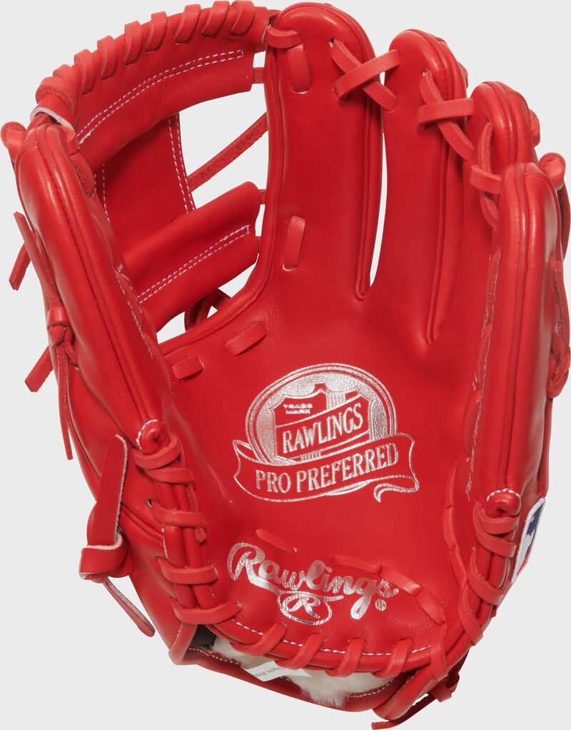 Scarlet palm of a Rawlings Gameday 57 Series Andrés Giménez Pro Preferred Glove with silver stamping and scarlet laces