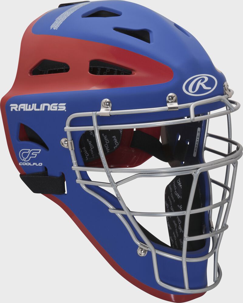 Front right of a royal/scarlet CHVEL Rawlings Velo adult catcher's helmet