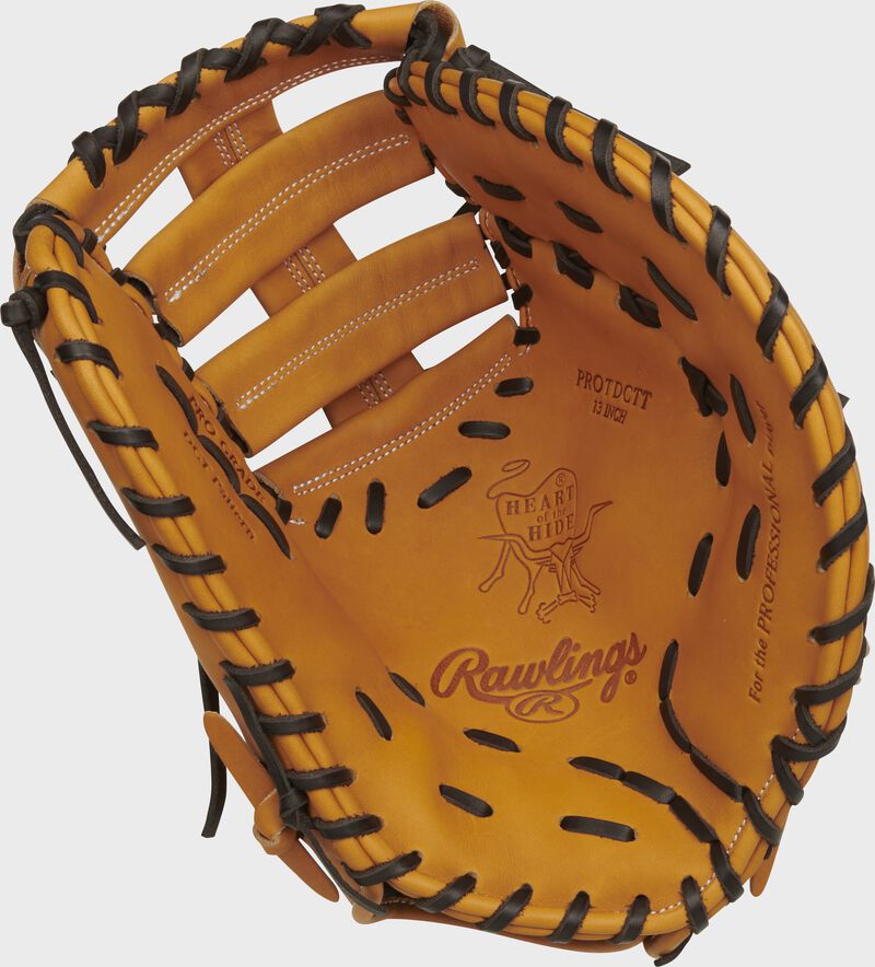 Tan palm of a Rawlings Heart of the Hide first base mitt with dark tan laces - SKU: PROTDCTT