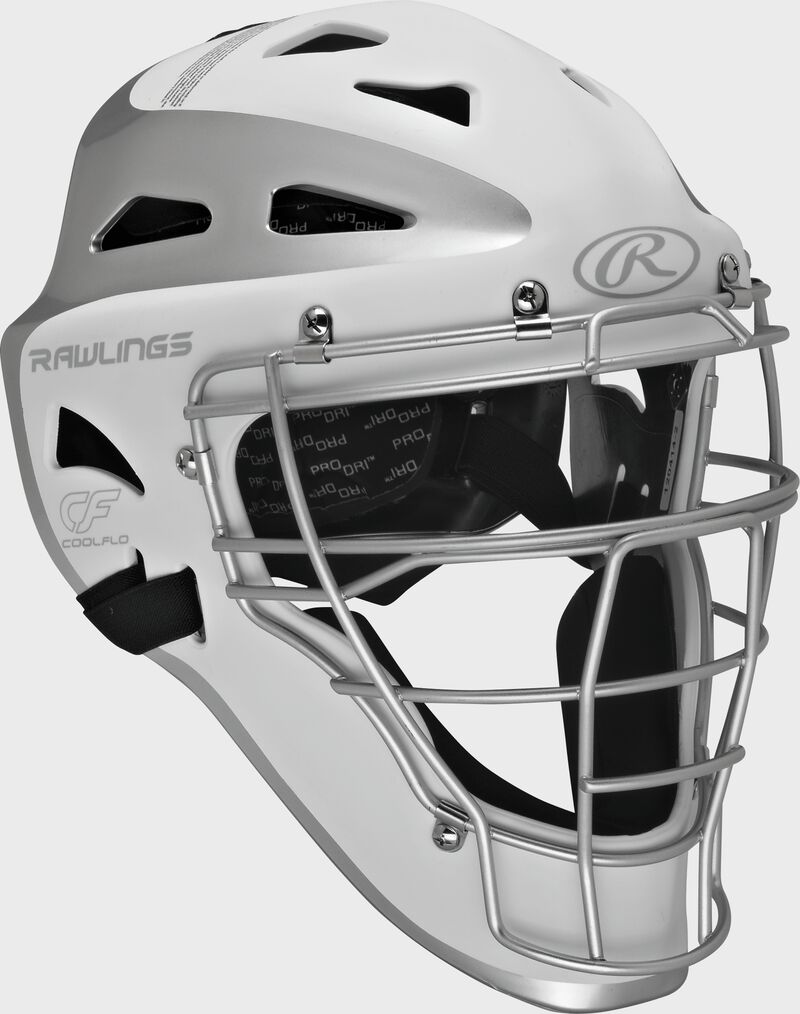 Front right of a white/silver CHVELY Rawlings Velo catcher's helmet