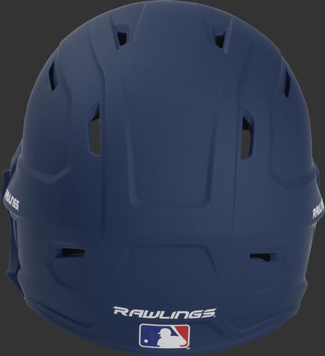Back of a MACHEXTR high performance MACH helmet with a matte navy shell and Official Batting Helmet of MLB logo