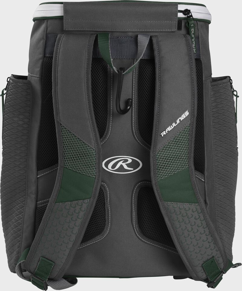 Back of a dark green Rawlings Impulse baseball backpack with gray shoulder straps - SKU: IMPLSE-DG loading=