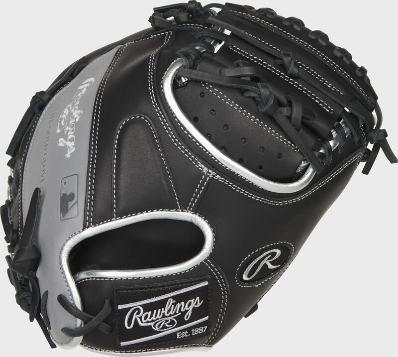 Back of a black 32-Inch Encore catcher's mitt with a black Rawlings patch - SKU: ECCM32-23B