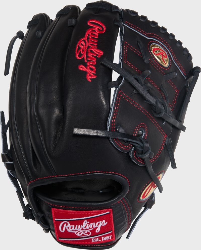 Back of a black Gameday 57 Series Max Fried Heart of the Hide Glove with a red Rawlings patch