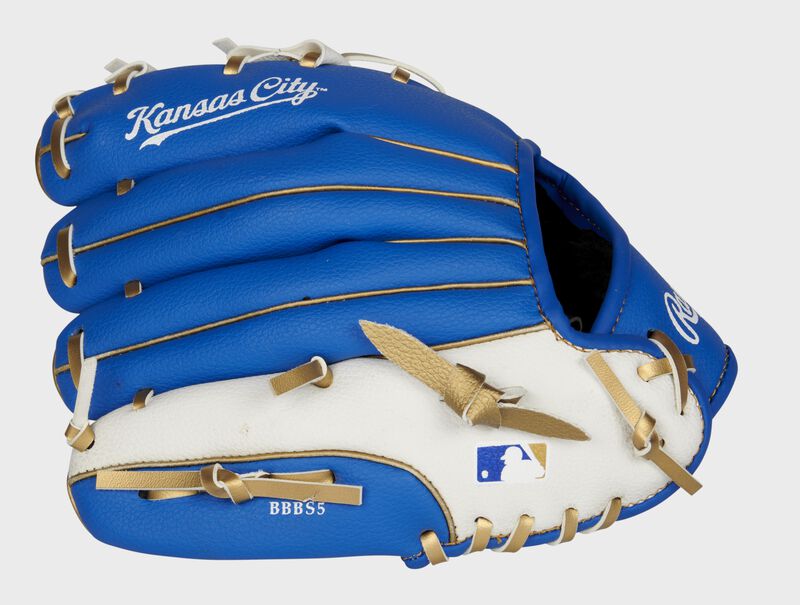 Back of a blue/white Kansas City Royals 10-inch youth glove with the MLB logo on the pinky - SKU: 22000026111