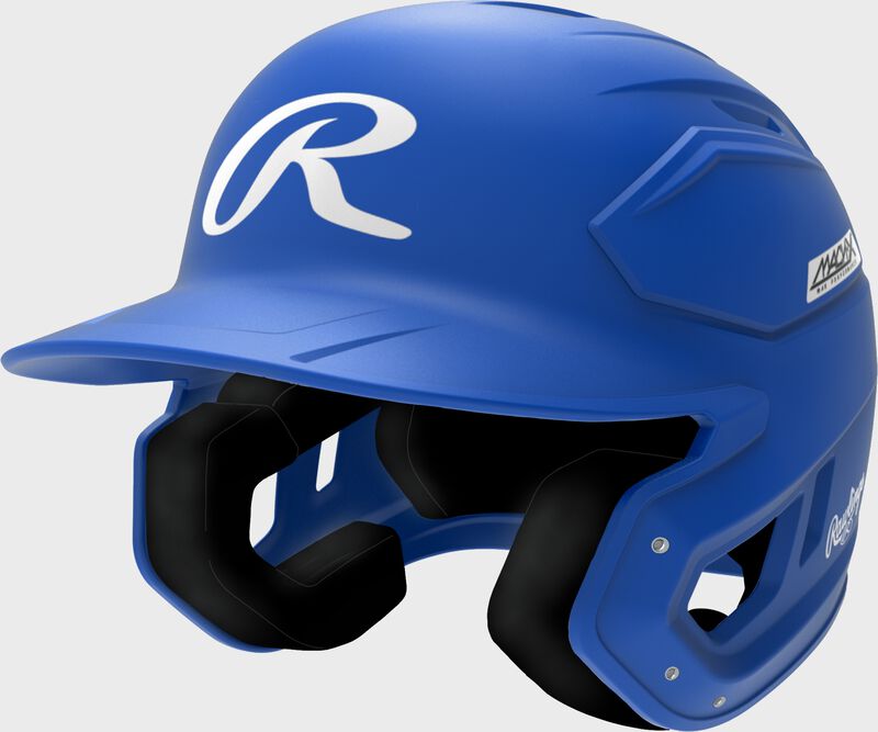 Front left of a royal Rawlings Mach-X Max Performance batting helmet