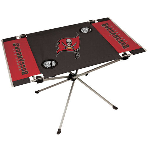 A NFL Tampa Bay Buccaneers endzone table with the team logo on in the middle and on the sides
