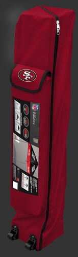 Red wheeled carry case of a San Francisco 49ers canopy with the team logo on the outside compartment - SKU: 02231084111