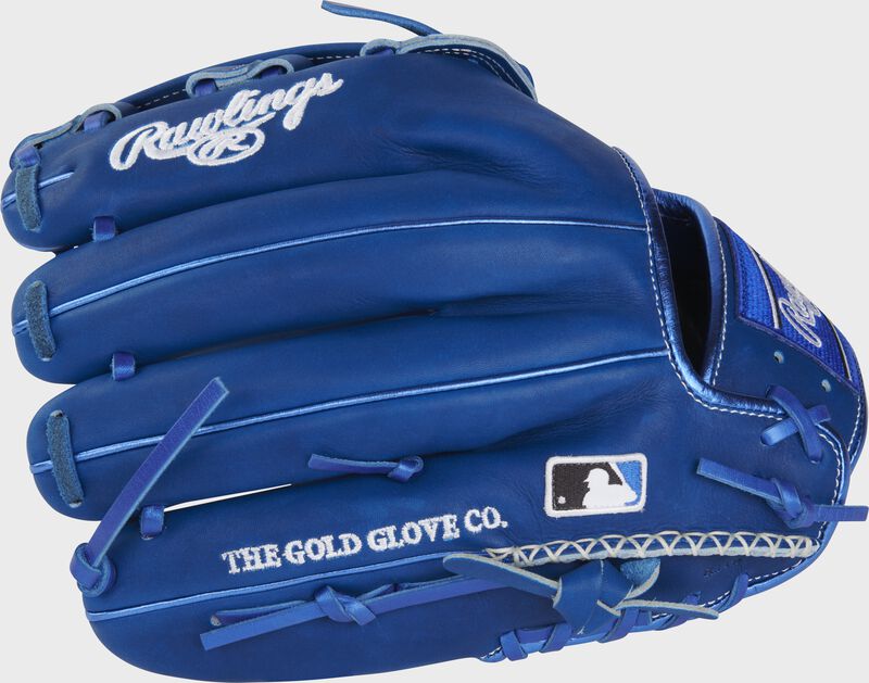 Royal back of a Heart of the Hide ColorSync 8.0 infield/outfield glove with the MLB logo and hand-sewn welting on the pinky - SKU: PROKB17R