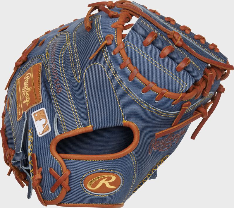 Back of a Heart of the Hide Pro Label Denim catcher's mitt with a tan leather Oval-R on the wrist