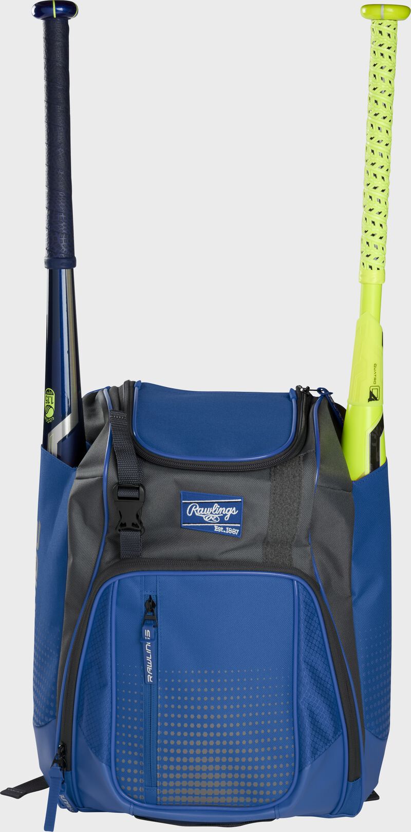 Front of a royal Rawlings Franchise baseball backpack with two bats in the side sleeves - SKU: FRANBP-R