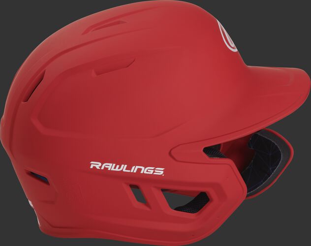 Right side of a MACHEXTR adult Rawlings batting helmet with a one-tone matte scarlet shell