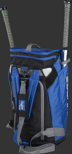 Left angle of a royal R601 Rawlings Hybrid players bag with two bats