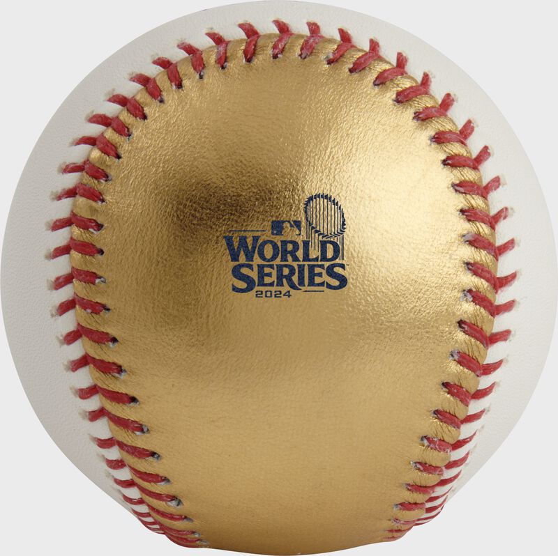 2024 World Series logo stamped on the gold side of a 2024 World Series Champions baseball