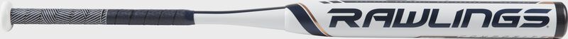 FP9V9 fastpitch Velo bat with a white barrel and navy/rose gold accents loading=