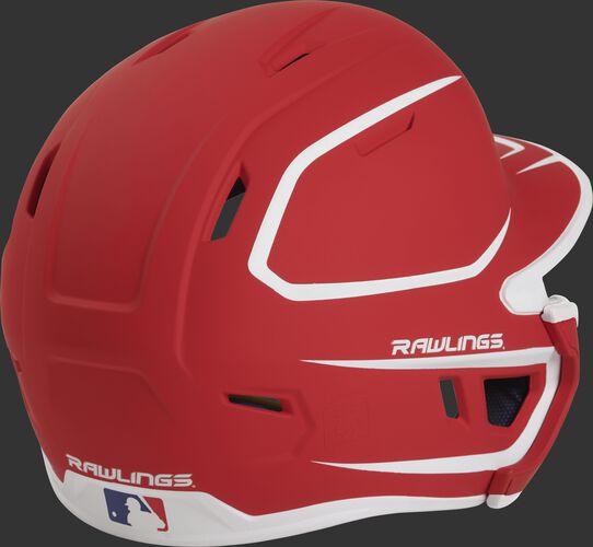 Back right of a two-tone matte scarlet/white MACHEXTR Rawlings senior size batting helmet