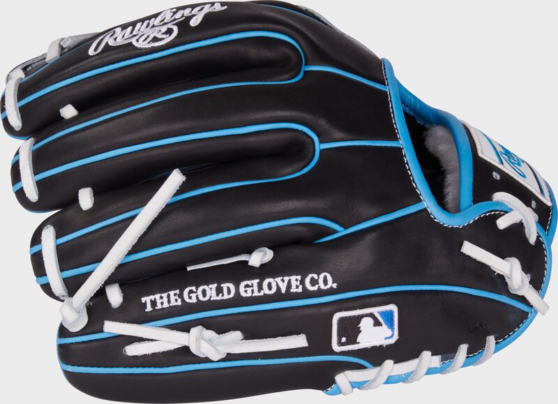 Black back of a Rawlings Pro Preferred 11.5" infield glove with the MLB logo on the pinky