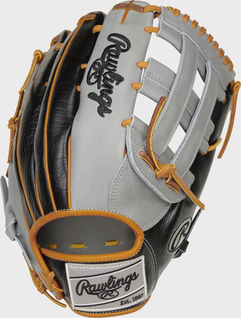 Black croc embossed back of a Heart of the Hide ColorSync 5.0 H-web outfield glove with a gray Rawlings patch - SKU: PRO3030-6GC