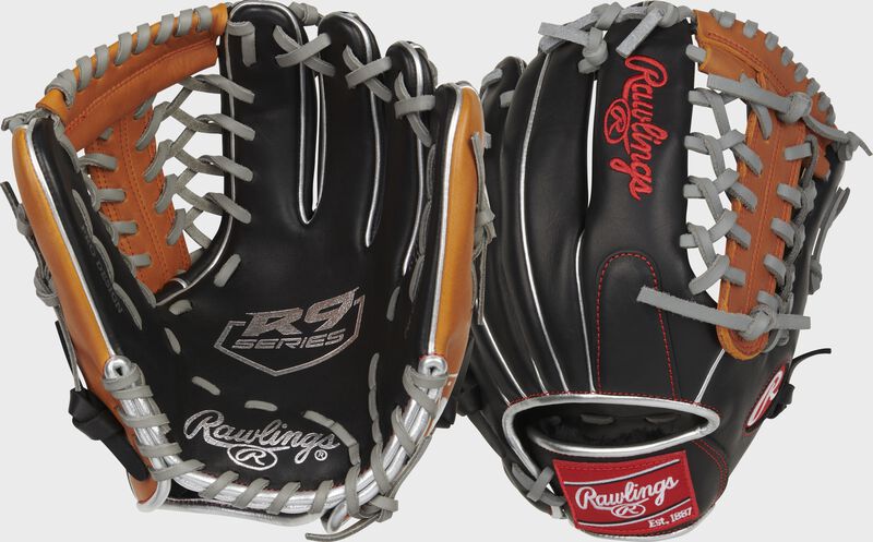 Front & Back of a Rawlings R9 ContoUR 11.5" baseball glove - SKU: R9115U-4BT