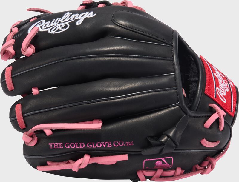 Black back of a Rawlings R9 ContoUR 11.25-Inch Infield Glove with the MLB logo on the pinky