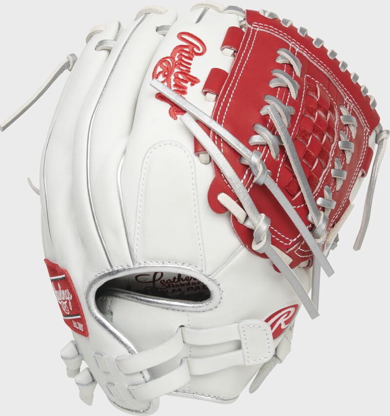 Back of a white/scarlet Liberty Advanced 12.5-Inch basket web glove with a pull strap back - SKU: RLA125-18WSP