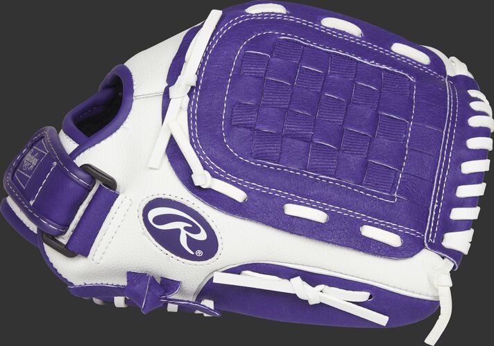 Thumb of a white Rawlings 11.5-Inch fastpitch softball glove with a purple Basket web - SKU: ACAFP115PURW