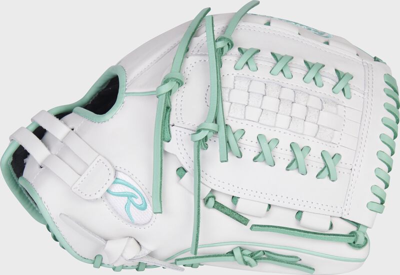 Thumb of a white/mint 2022 Liberty Advanced Color Series 12.5-Inch fastpitch glove with a white x-laced basket web - SKU: RLA125-18WM