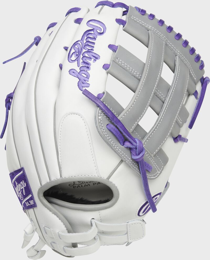 Back of a white/purple Liberty Advanced Color Series outfield glove with a pull strap back - SKU: RLA1275SB-6WPG