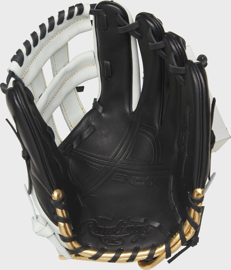 Shell palm view of white, gold, and black Rawlings Encore 12.25-inch outfield glove