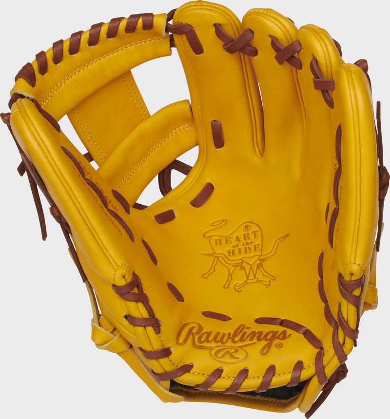 PROFL12-2GT Rawlings Heart of the Hide I-web glove with a gold tan palm, gold tan web and dark tan laces