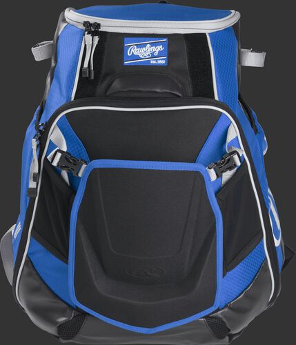 Front of a royal VELOBK Velo backpack with black trim and a royal Rawlings patch