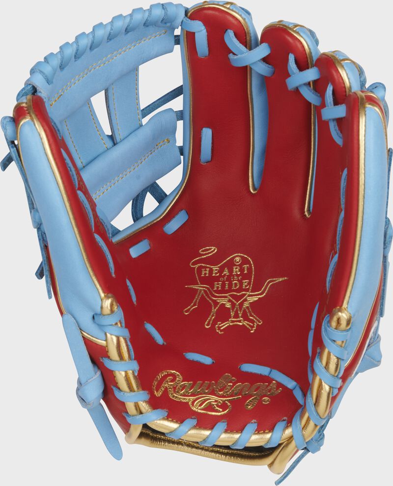 Scarlet palm of a Rawlings Gameday 57 Series Kolten Wong infield glove with gold stamping and columbia blue laces - SKU: RSGPRO314-7SCB