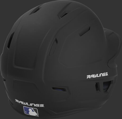Back right of a matte black MACHEXTR Rawlings junior size batting helmet