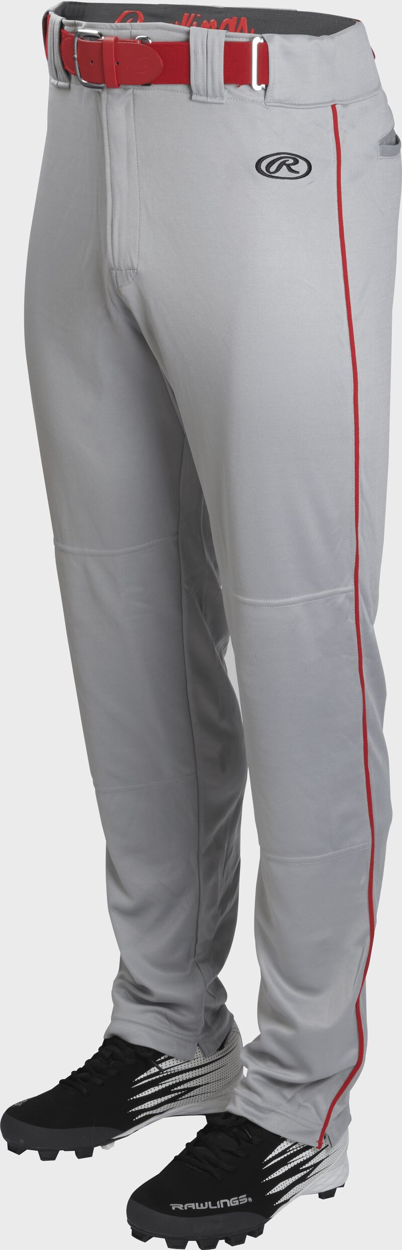 Front of Rawlings Blue Gray/Scarlet Adult Launch Piped Semi-Relaxed Baseball Pant - SKU #LNCHSRP-BG/S
