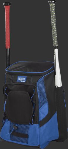 Front left of a royal/black R600 Rawlings players equipment backpack with two bats