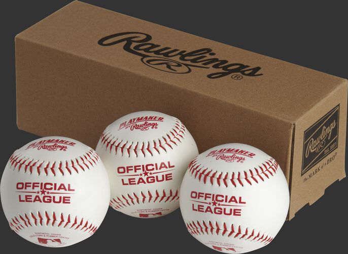 3 Rawlings Playmaker baseballs in front of a box - SKU: PMBBPK3