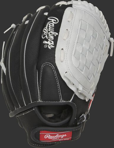 Back of a black Rawlings Sure Catch 11.5-inch basket web glove with a Velcro wrist strap - SKU: MEISC115BGB