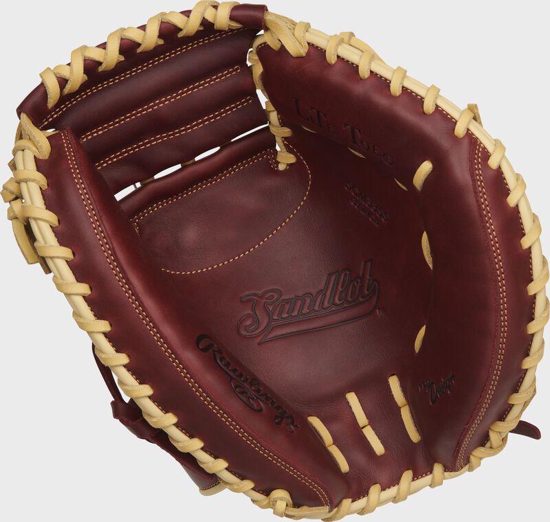 Palm of a sherry Rawlings Sandlot Series catcher's mitt with camel laces - SKU: SCM33SS