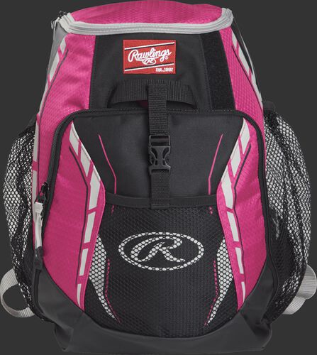 A pink R400 youth players team backpack with a gray Oval R logo on the front pocket