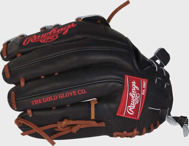 Back of a black 13" Heart of the Hide slowpitch softball glove with a red Rawlings patch - SKU: RPRO130SP-6B