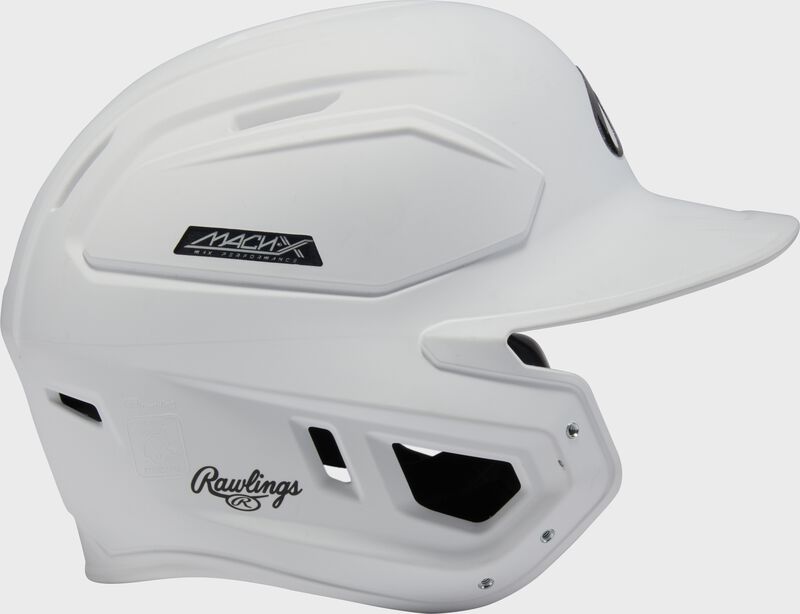Right side of a white Rawlings Mach-X Max Performance batting helmet loading=