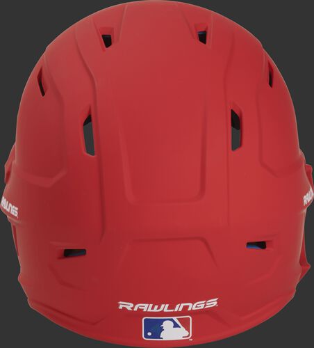 Back of a MACHEXTL high performance adult MACH helmet with a matte scarlet shell and Official Batting Helmet of MLB logo