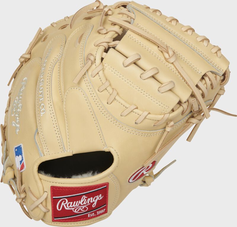 Back of a camel 2021 Pro Preferred catcher's mitt with a red Rawlings patch - SKU: PROSCM43C