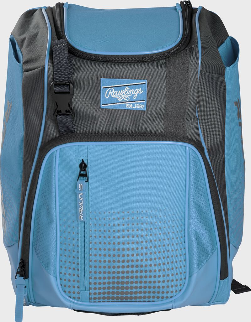Front of a Columbia blue Franchise baseball backpack with gray accents and a Columbia blue Rawlings patch - SKU: FRANBP-CB