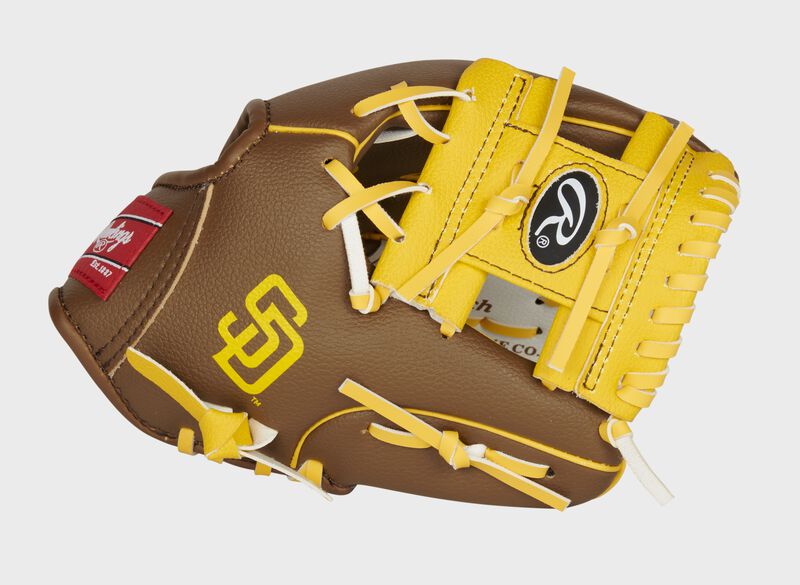 Thumb of a brown/white San Diego Padres 10-Inch team logo glove with a tan I-web and SD logo on the thumb - SKU: 22000019111