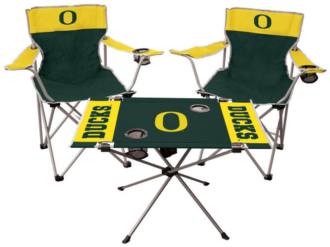 Front of Rawlings Green and Yellow NCAA Oregon Ducks 3-Piece Tailgate Kit With Two Kickoff Chairs, An Endzone Table, And A Transport Bag With Team Logo SKU #00993095511