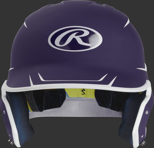 Front of a matte purple/white MACH senior size batting helmet