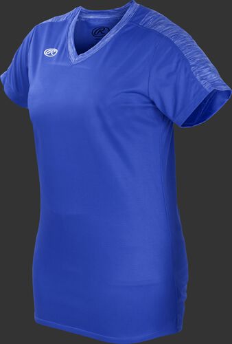 Front of Rawlings Women's Royal Adult Short Sleeve Launch Jersey - SKU #WLNCHJ-DG-89