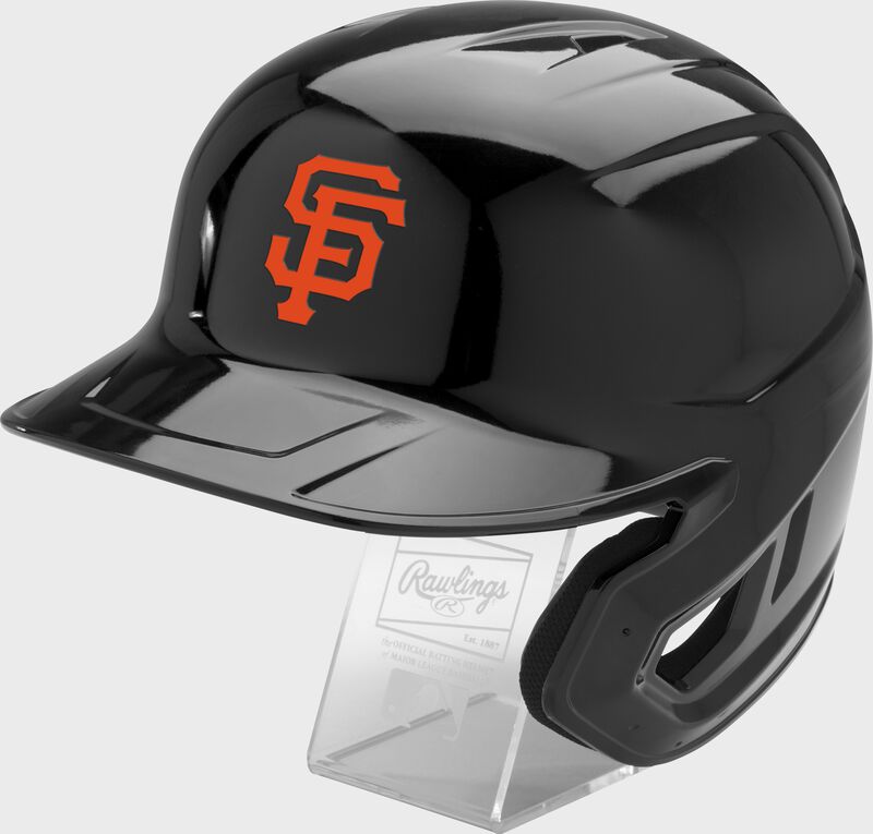 Front left of a black Rawlings San Francisco Giants replica helmet - SKU: MLBMR-SF